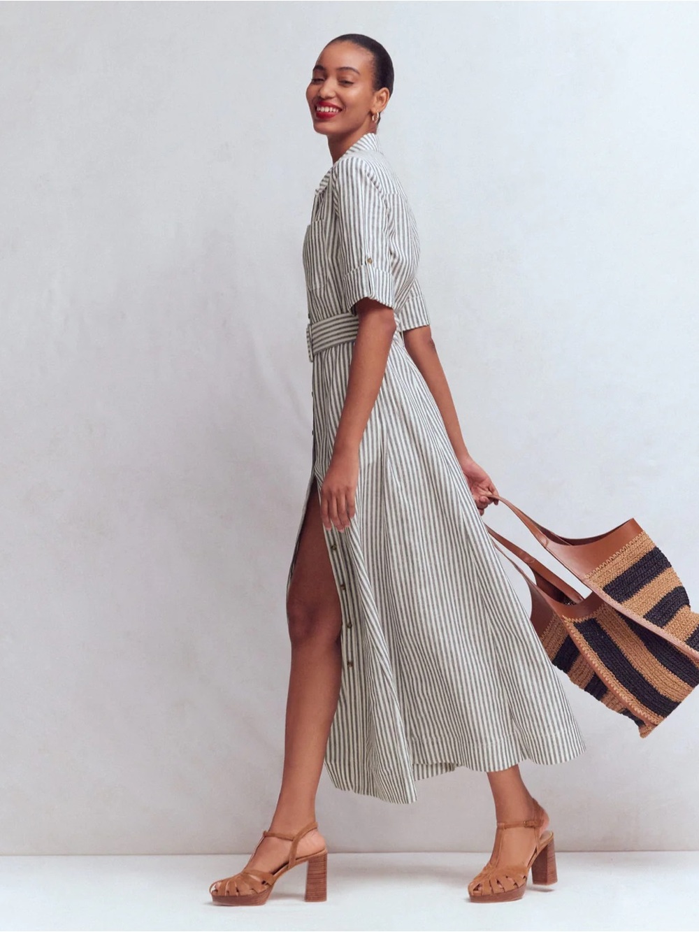 NWT BODEN Ora Linen Blend Shirt Dress in Navy Ivory Stripe - Picture 2 of 11
